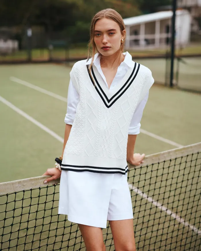 Women Sportscraft Knits and Cardigans Elka Cable VNeck Vest Whitenavy