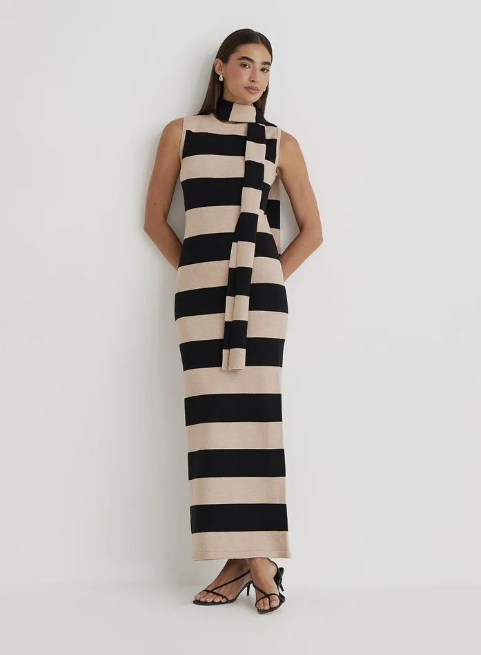 Women Striped Knitted Maxi Dress With Scarf Fran 4th and Reckless Knitwear