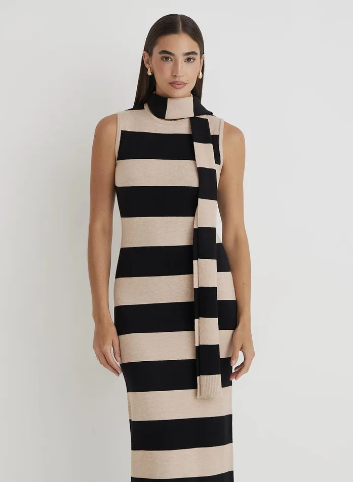 Women Striped Knitted Maxi Dress With Scarf Fran 4th and Reckless Knitwear