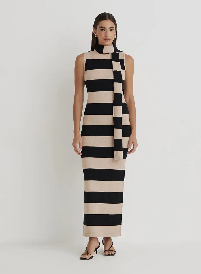 Women Striped Knitted Maxi Dress With Scarf Fran 4th and Reckless Knitwear