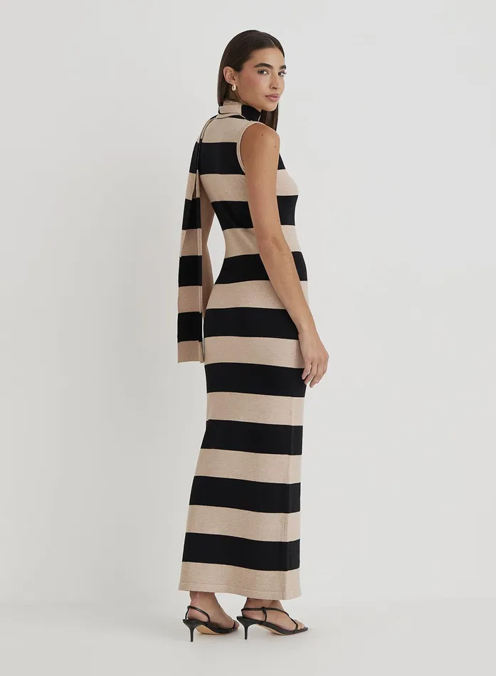 Women Striped Knitted Maxi Dress With Scarf Fran 4th and Reckless Knitwear
