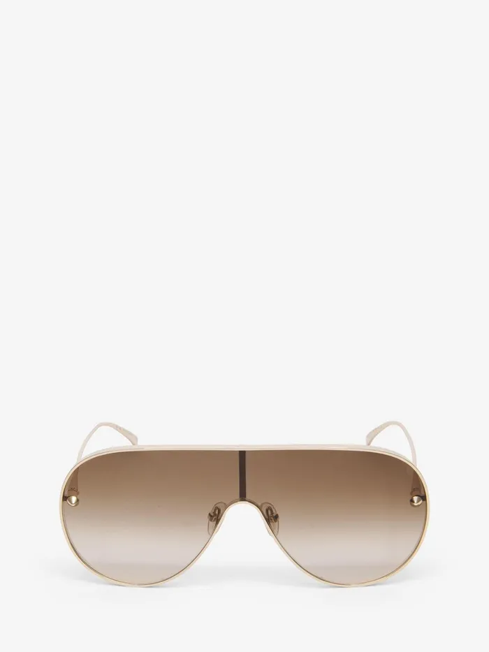 Women Sunglasses Alexander McQueen Metal Studs Mask Sunglasses Goldbrown