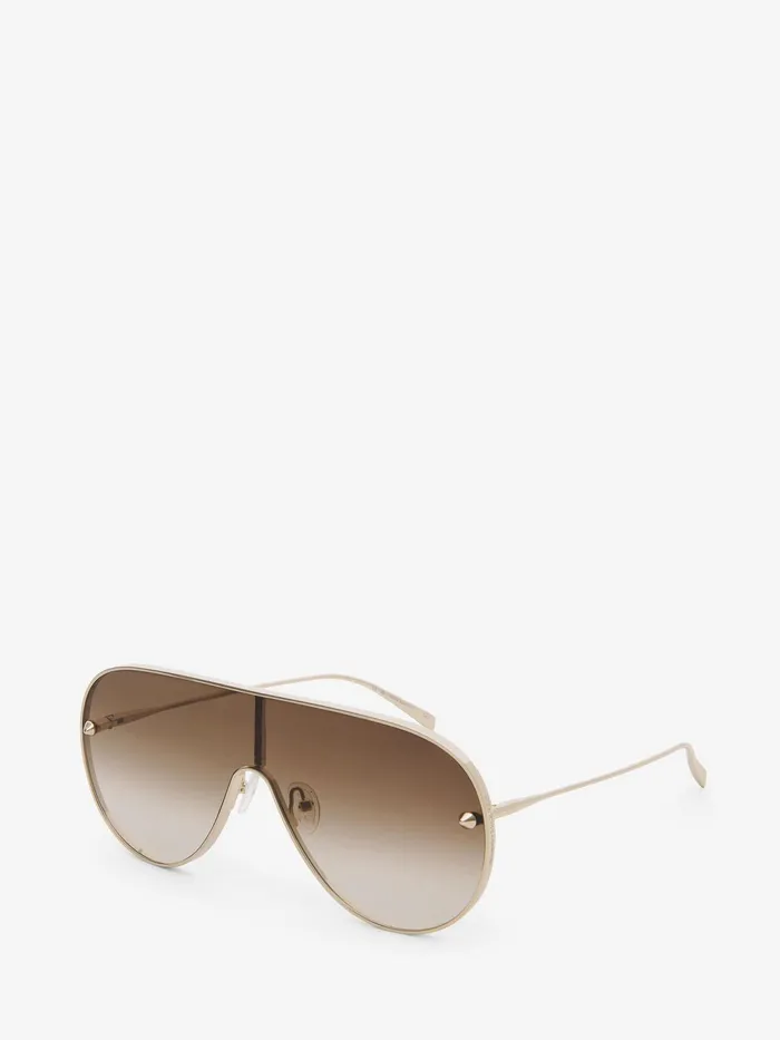 Women Sunglasses Alexander McQueen Metal Studs Mask Sunglasses Goldbrown