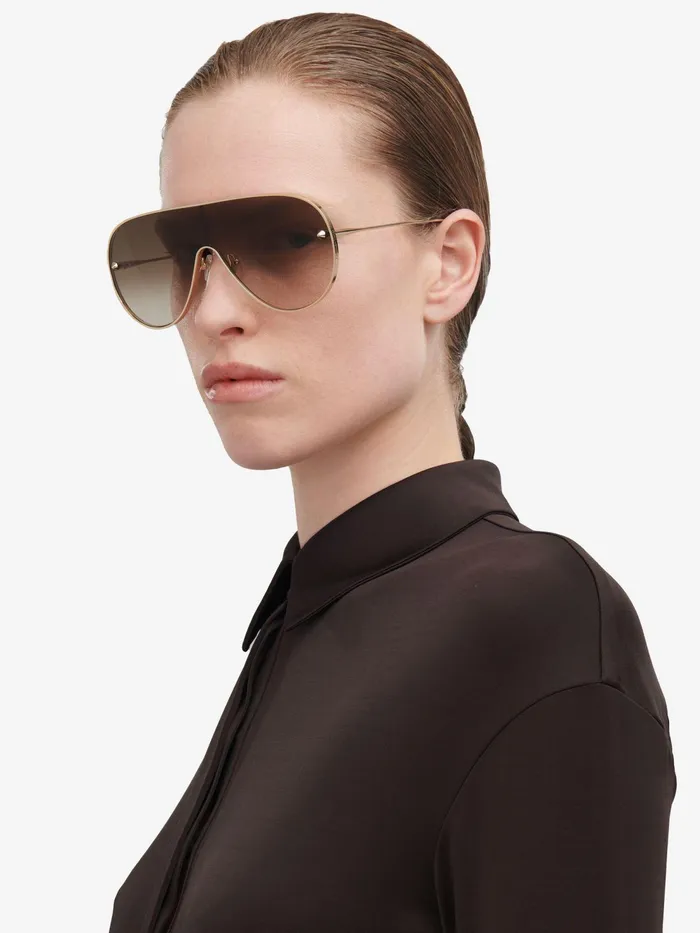 Women Sunglasses Alexander McQueen Metal Studs Mask Sunglasses Goldbrown