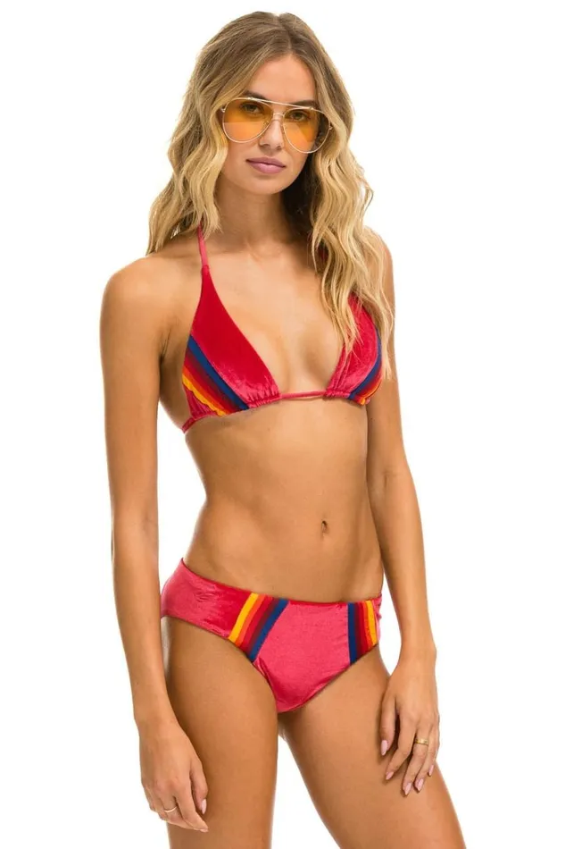 Women Swim Tops Aviator Nation 5 Stripe Velvet Triangle Bikini Top 8211 Red
