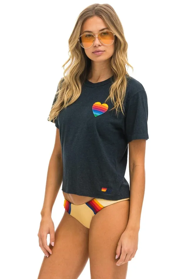 Women Tees Aviator Nation Rainbow Heart Stitch Boyfriend Tee 8211 Charcoal