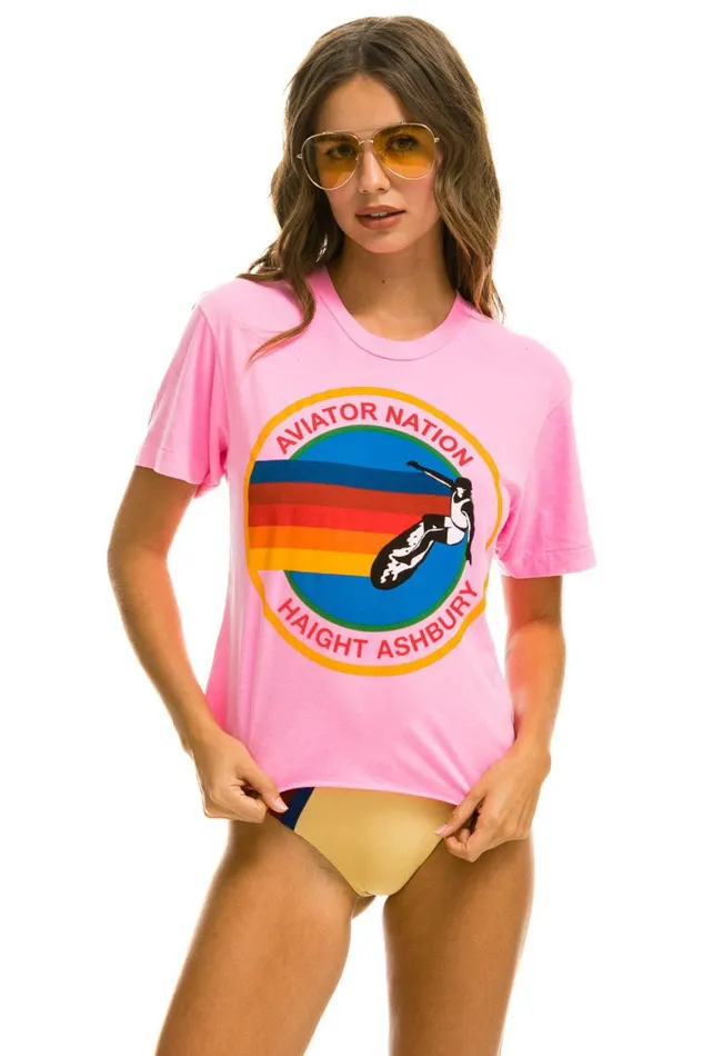 Women Tees Aviator Nation Signature Haight Ashbury Boyfriend Tee 8211 Neon Pink