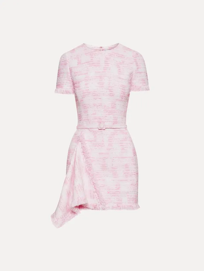 Women Textured Tweed Draped Dress White Pink Oscar De La Renta Dresses