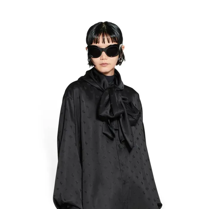 Women Tops and Shirts Balenciaga Logo Letters All Over Hooded Blouse In Black