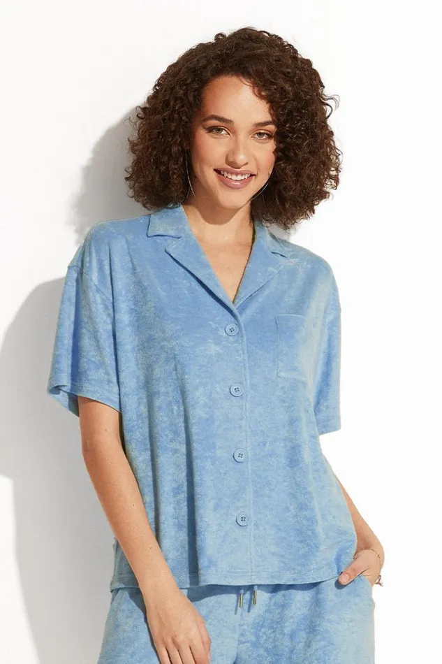 Women Tops Cupshe Lyanna Front Open Shirt Collar Top Blue