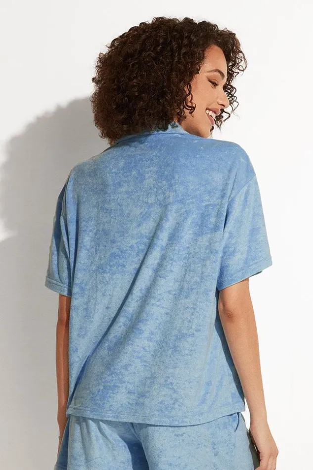 Women Tops Cupshe Lyanna Front Open Shirt Collar Top Blue