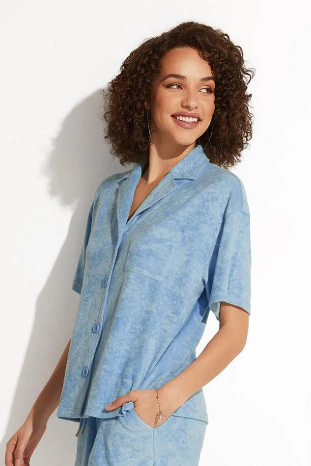 Women Tops Cupshe Lyanna Front Open Shirt Collar Top Blue