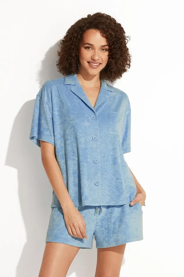 Women Tops Cupshe Lyanna Front Open Shirt Collar Top Blue