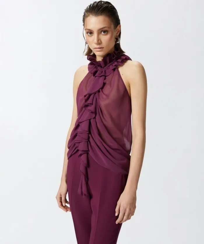 Women Topwear Pinko Georgette Top With Ruching Grape Wine