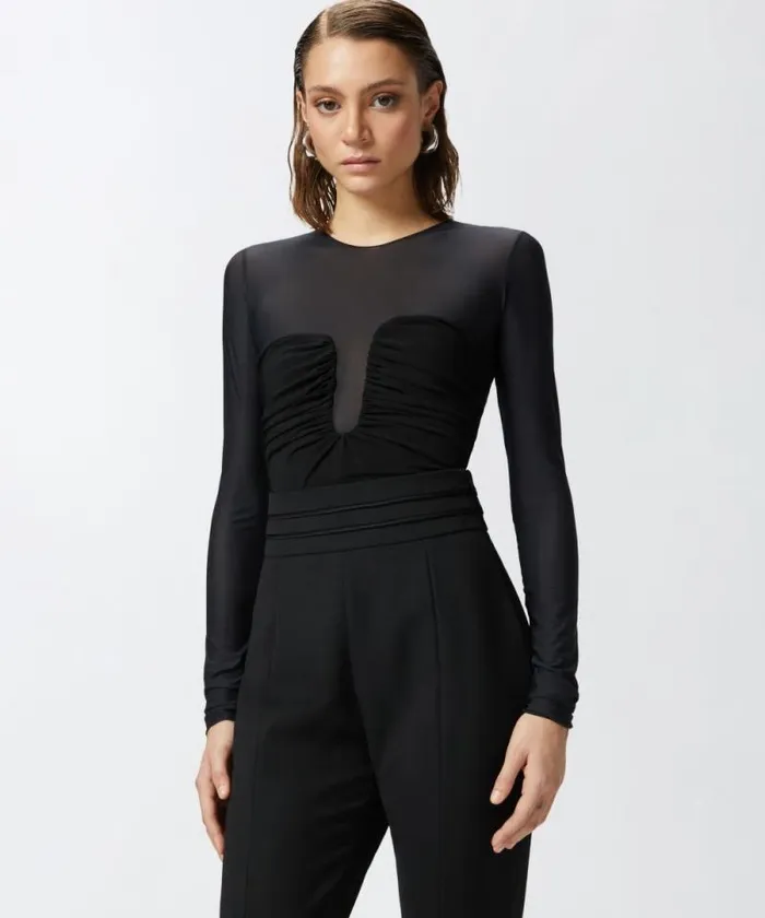 Women Topwear Pinko Longsleeved Sheer Bodysuit Limo Black