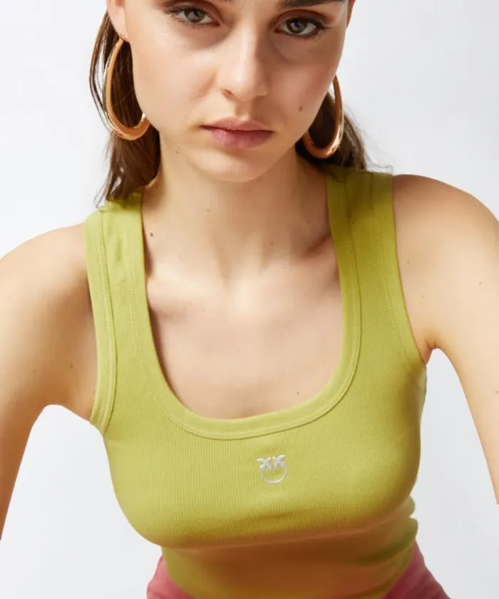Women Topwear Pinko Ribbed Vest Top With Birds Logo Palm Green Women Topwear Pinko Ribbed Vest Top With Birds Logo Palm Green