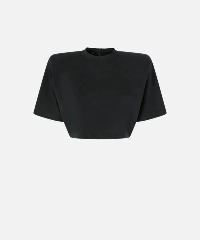 Women Topwear Pinko Shortsleeved Crop Top With Padded Shoulders Limo Black Women Topwear Pinko Shortsleeved Crop Top With Padded Shoulders Limo Black