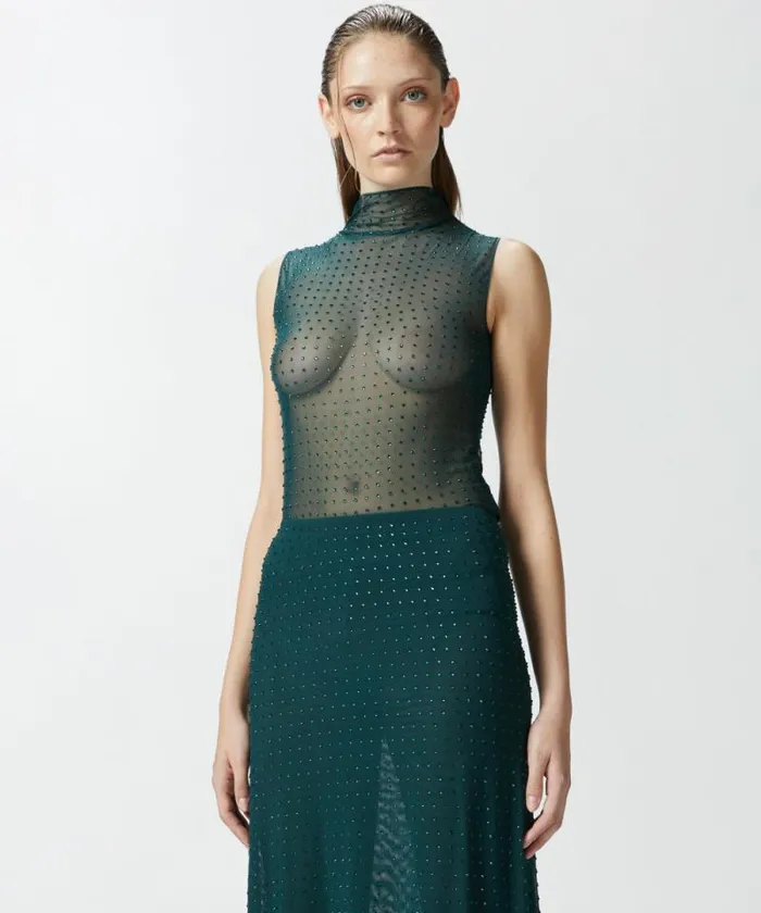 Women Topwear Pinko Sleeveless Tulle Top With Rhinestones Dark Bottle Green