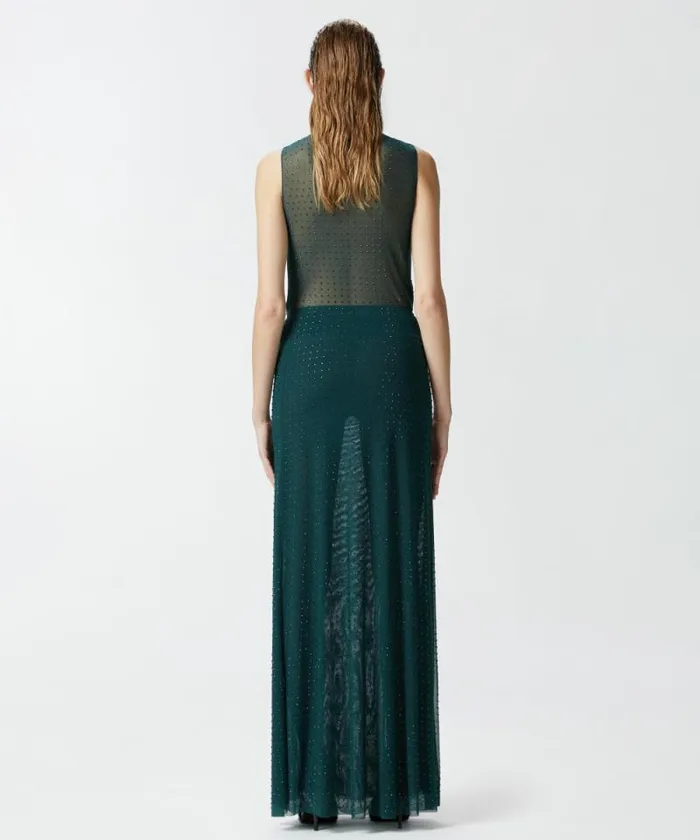 Women Topwear Pinko Sleeveless Tulle Top With Rhinestones Dark Bottle Green Women Topwear Pinko Sleeveless Tulle Top With Rhinestones Dark Bottle Green