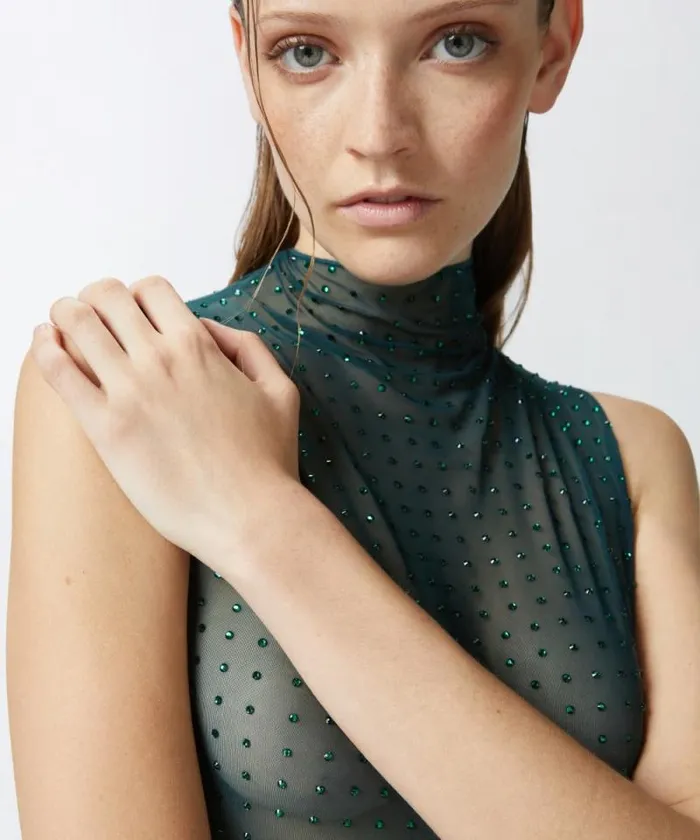 Women Topwear Pinko Sleeveless Tulle Top With Rhinestones Dark Bottle Green Women Topwear Pinko Sleeveless Tulle Top With Rhinestones Dark Bottle Green