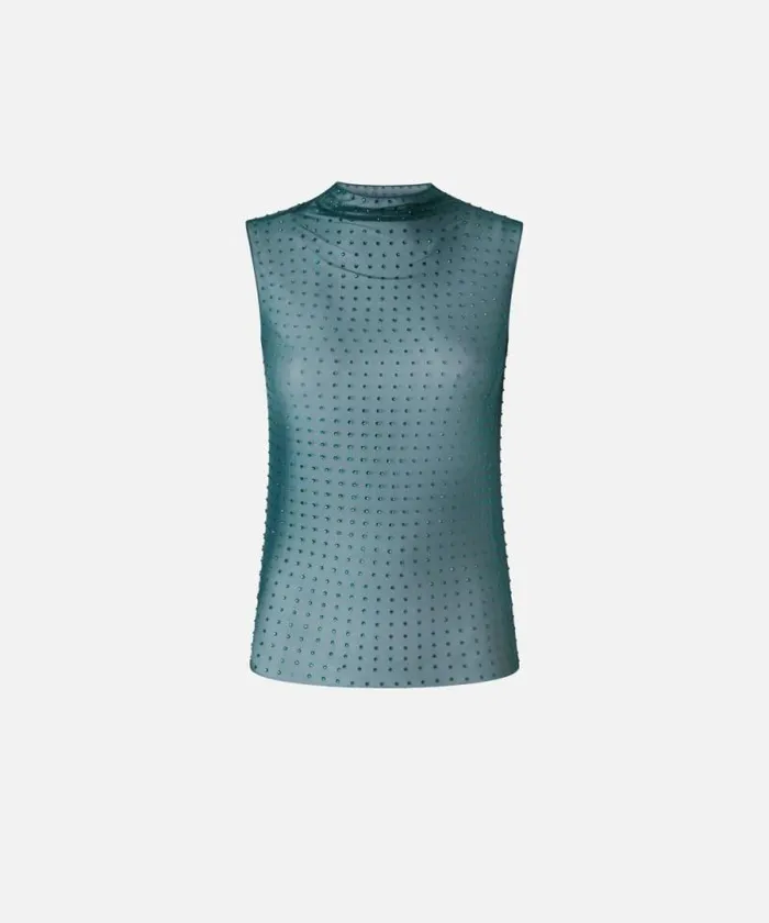 Women Topwear Pinko Sleeveless Tulle Top With Rhinestones Dark Bottle Green Women Topwear Pinko Sleeveless Tulle Top With Rhinestones Dark Bottle Green