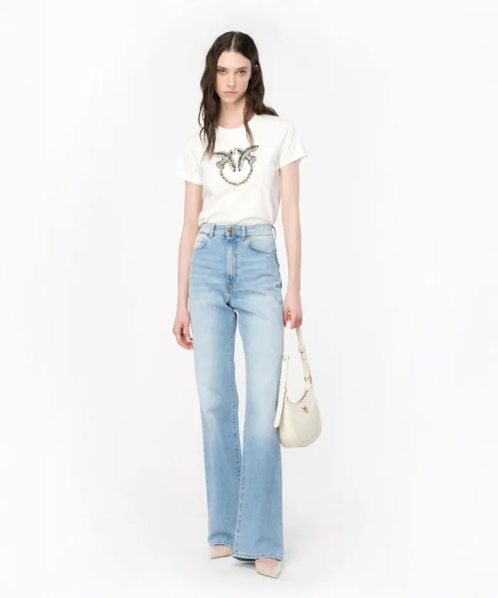 Women Topwear Pinko Tshirt With Love Birds Embroidery Cloud White