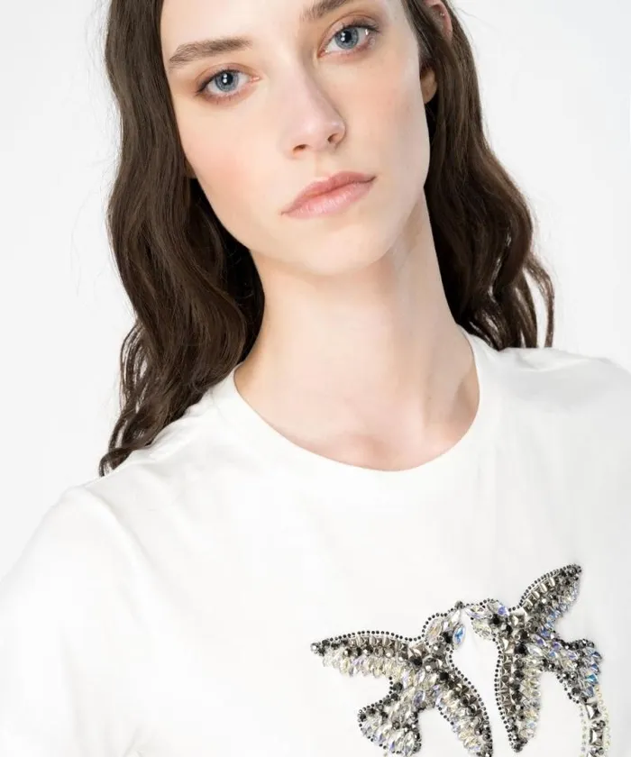 Women Topwear Pinko Tshirt With Love Birds Embroidery Cloud White Women Topwear Pinko Tshirt With Love Birds Embroidery Cloud White