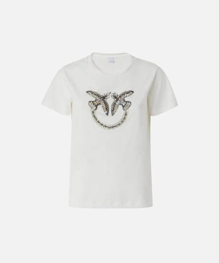 Women Topwear Pinko Tshirt With Love Birds Embroidery Cloud White Women Topwear Pinko Tshirt With Love Birds Embroidery Cloud White