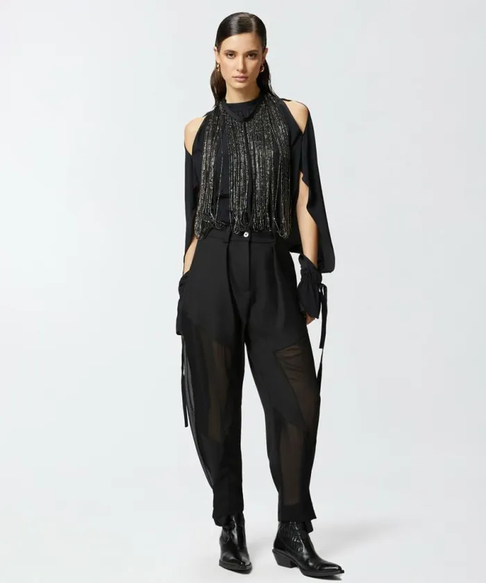Women Trousers Pinko PPants Trousers In Technical Fabric With Sheer Effect Limo Black Women Trousers Pinko PPants Trousers In Technical Fabric With Sheer Effect Limo Black