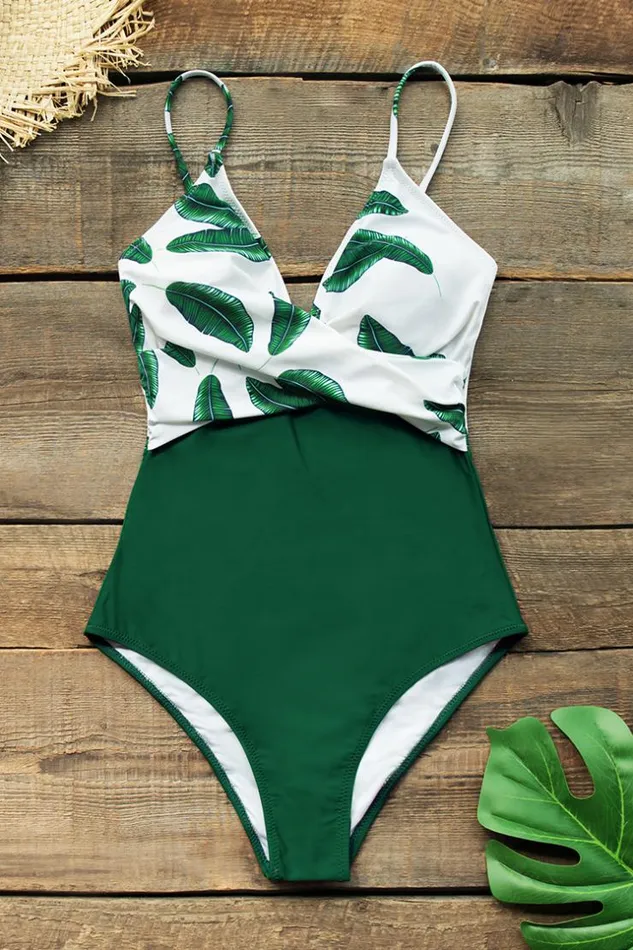 Women Tummy Control Swimsuits Cupshe Banana Leaf TwistFront One Piece Swimsuit Greenwhite