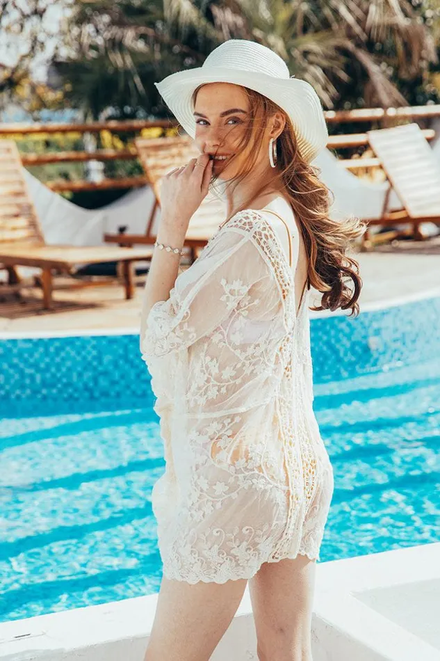 Women Tunic Cover Ups Cupshe Grace Bay Apricot Lace Cover Up Beige