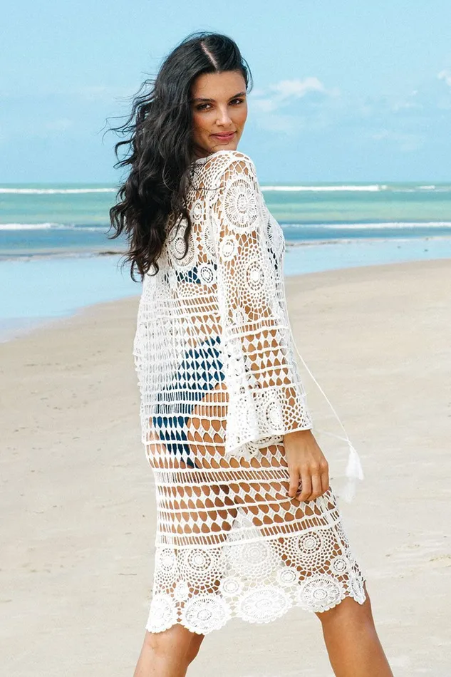 Women Tunic Cover Ups Cupshe Lailah White Lace Up Bell Sleeve Tassel Cover Up White