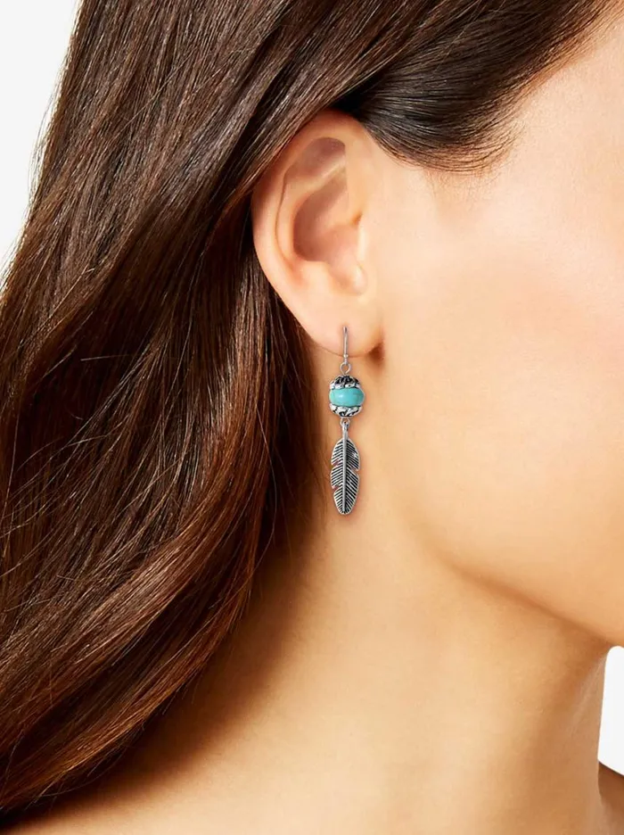 Women Turquoise Collection Jessica Simpson Turquoise Bead Feather Drop Earrings In Silver