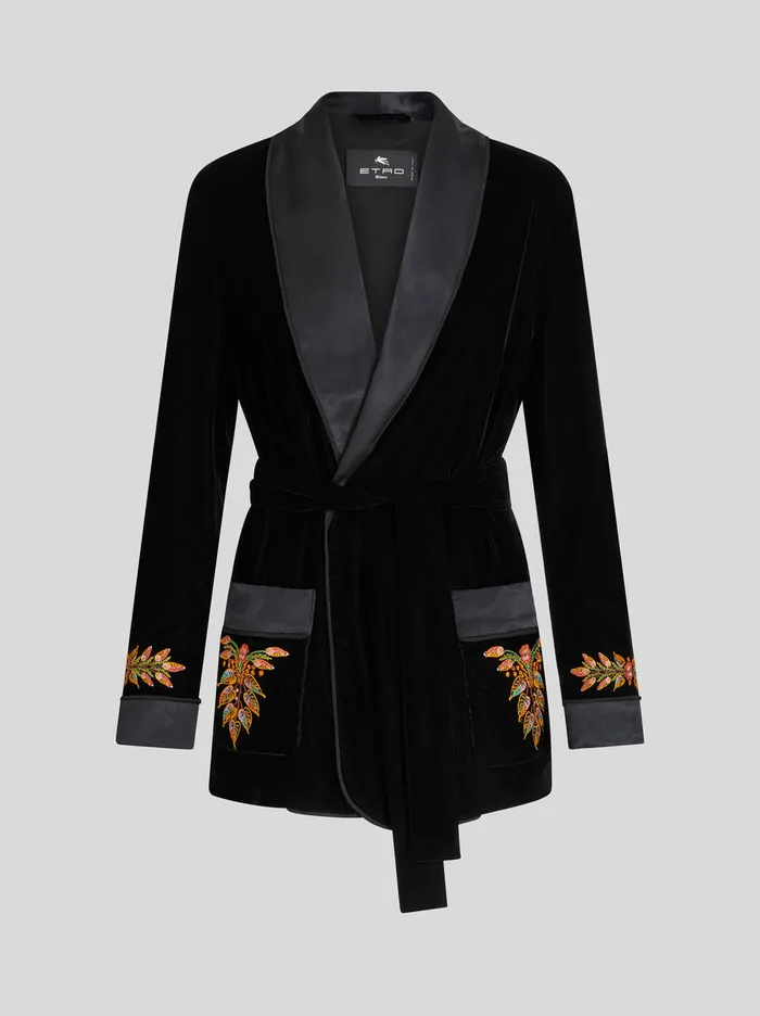 Women Velvet Robe Jacket With Foliage Embroidery Etro Jackets
