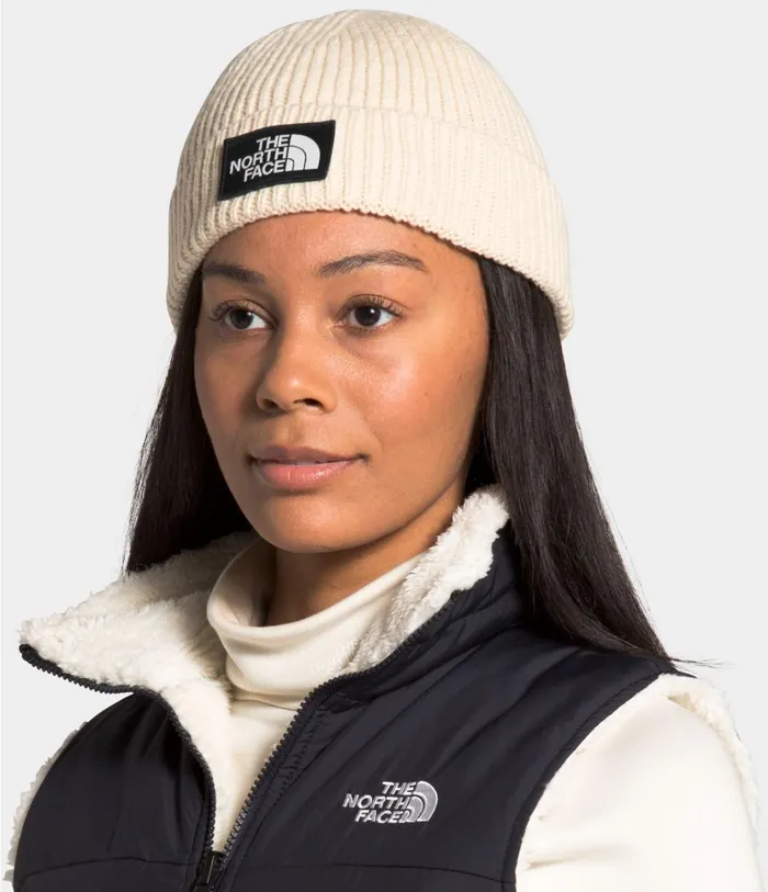Womens TNF Logo Box Cuffed Beanie Bleached Sand The North Face Beanies and Scarves