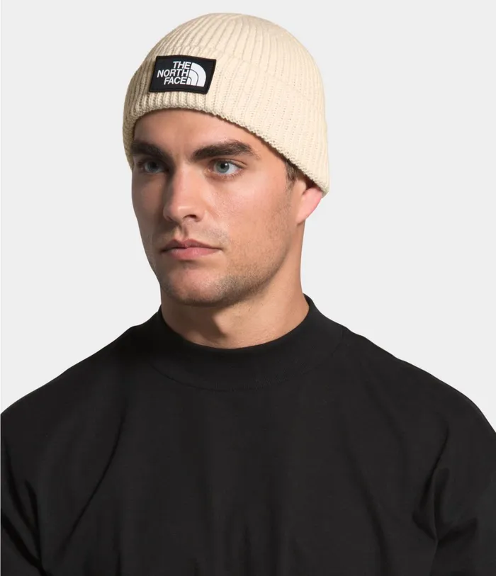 Womens TNF Logo Box Cuffed Beanie Bleached Sand The North Face Beanies and Scarves